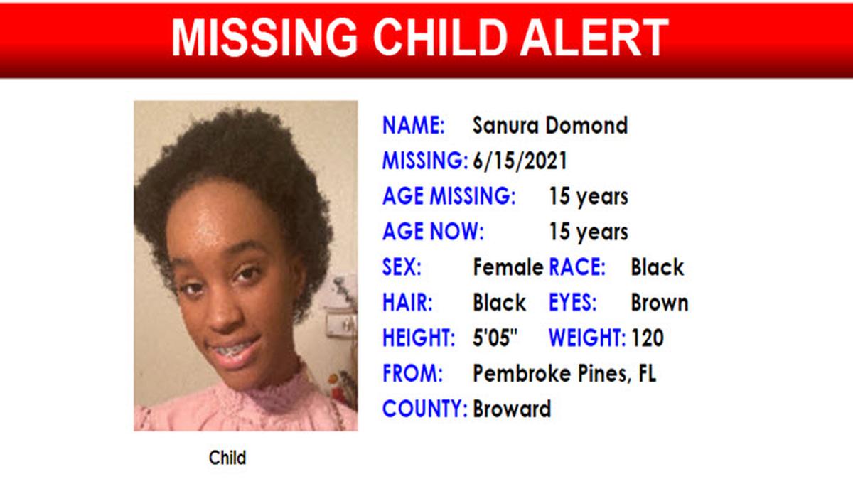 The Florida Department of Law Enforcement put out a missing child alert for Sanura Domond, 15, from Pembroke Pines, who hadn’t been seen for more than a week.