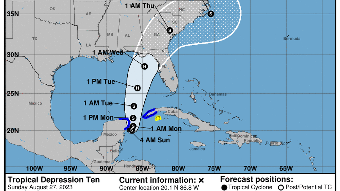 Tropical Depression Ten formed Saturday afternoon. It is forecast to become a tropical storm by Sunday and a hurricane sometime next week, heading toward Florida’s Big Bend area.