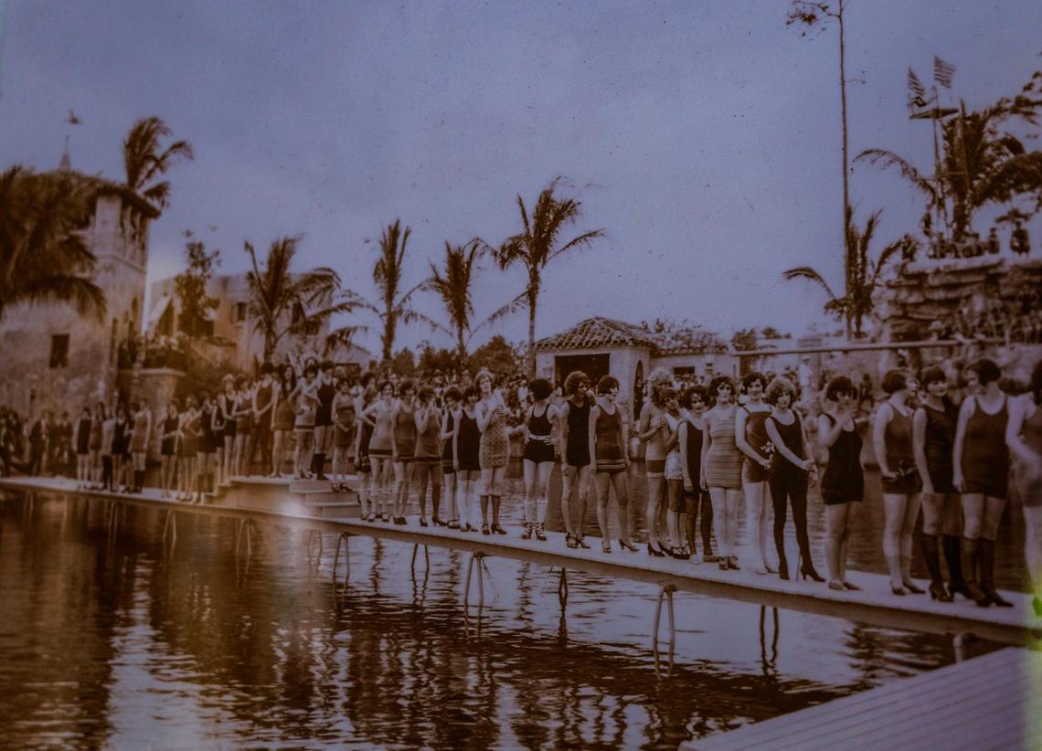 Vintage picture of beauty pageants at the Venetian Pool in Coral Gables in 1925. The pool is currently undergoing renovations, with the pool closed to the public since October 2024.