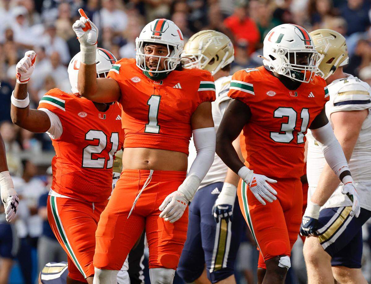 Miami Hurricanes linebacker Francisco Mauigoa (1) reacts after a play against the Georgia Tech Yellow Jackets in the second half during an NCAA game at Bobby Dodd Stadium at Hyundai Field in Atlanta, Georgia on Saturday, November 9, 2024.
