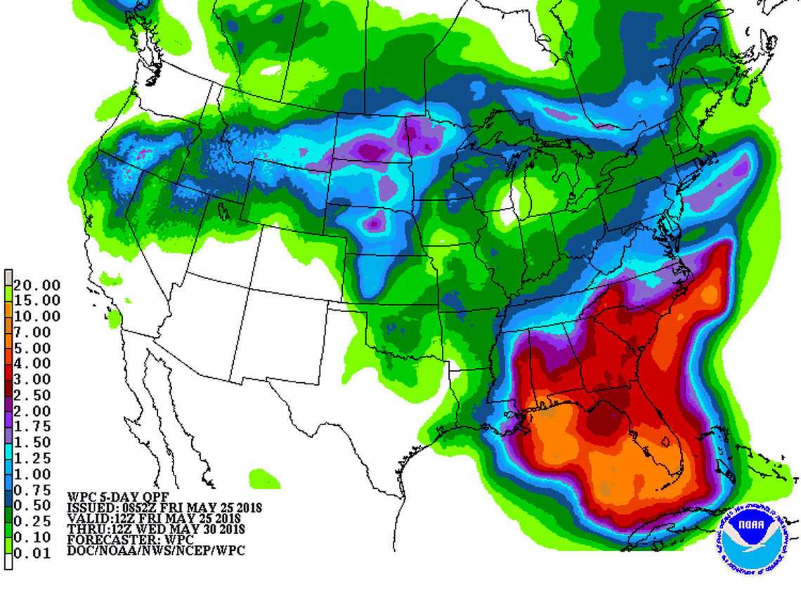NOAA forecasters are calling for heavy rain over Florida and the north Gulf Coast over the next five days. Source: NOAA Weather Prediction Center