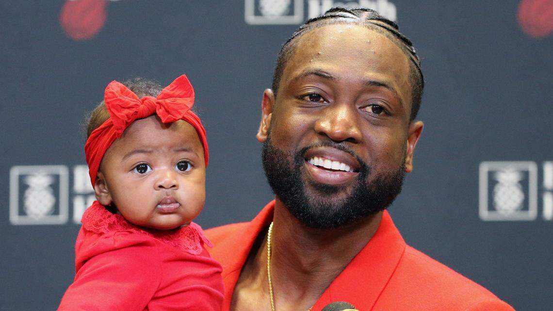 Miami Heat guard Dwyane Wade (3) with his daughter Kaavia during press conference after the Miami Heat host the Philadelphia 76ers at the AmericanAirlines Arena in Miami on Tuesday, April 9, 2019.