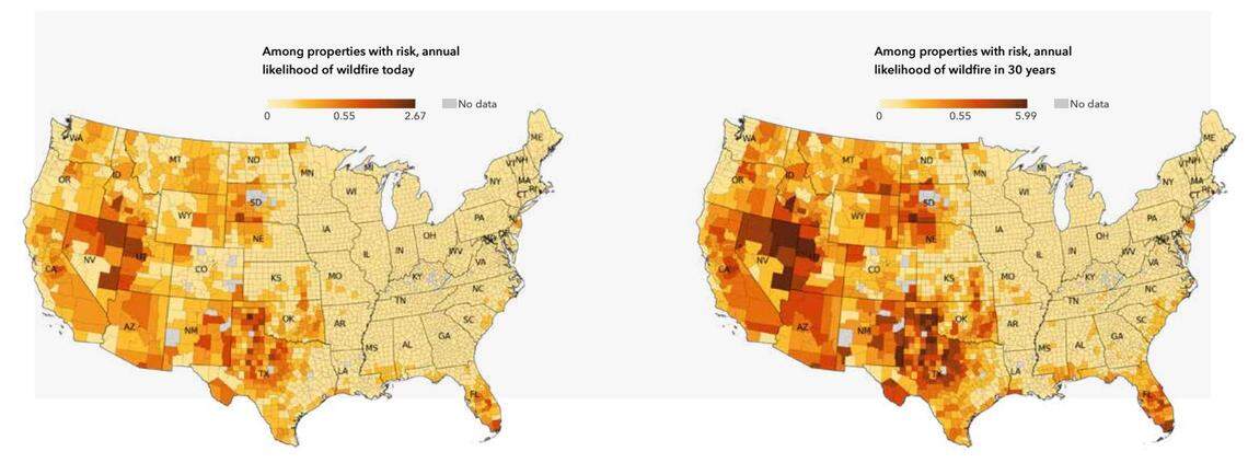These maps show the average risk of wildfire damage per property in 2022 and in 2052 with climate change turning up the temperature.