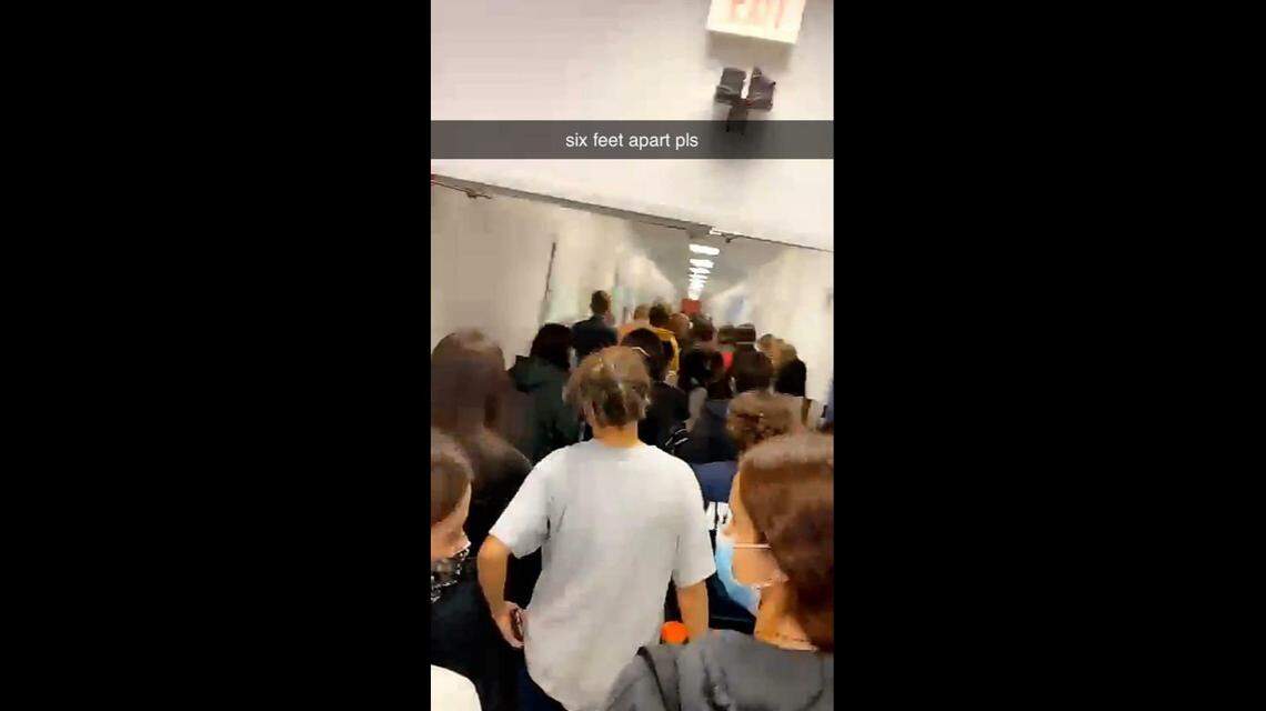 The United Teachers of Dade union posted a photo on Twitter Friday, Oct. 9, 2020, showing students at MAST Academy walking in a tight, crowded hallway. On Monday, the school announced it was temporarily shutting down after two students there tested positive for COVID-19.