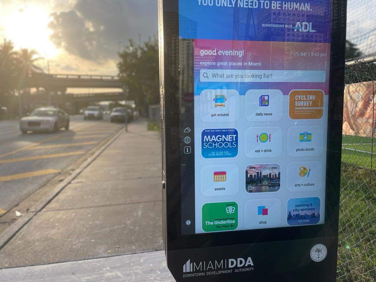 When a pedestrian is not interacting with a kiosk, the screen displays a loop of ads.