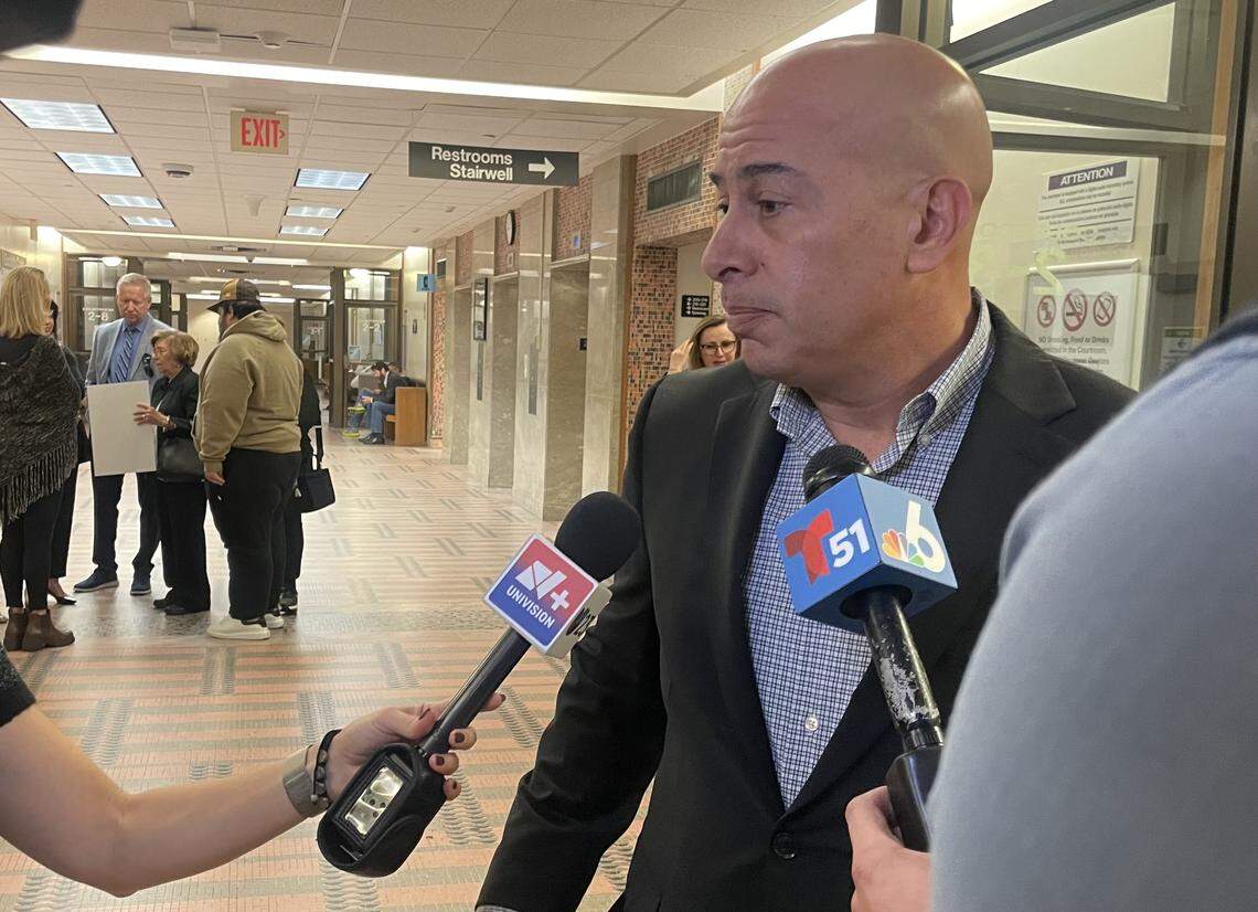 Joaquin Freire speaks with reporters after the woman who killed his sister Gloria Marcia Hall was sentenced on Tuesday, Feb. 10, 2026.