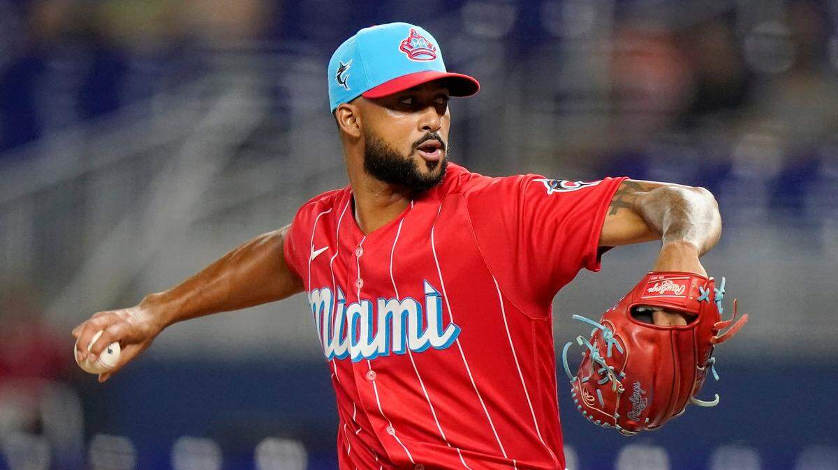Miami Marlins starting pitcher Sandy Alcantara throws during the first inning of a baseball game against the Washington Nationals, Saturday, Sept. 24, 2022, in Miami. (AP Photo/Lynne Sladky)
