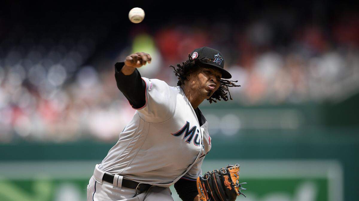 Miami Marlins starting pitcher Jose Urena delivers during the fourth inning of a baseball game against the Washington Nationals, Monday, May 27, 2019, in Washington.
