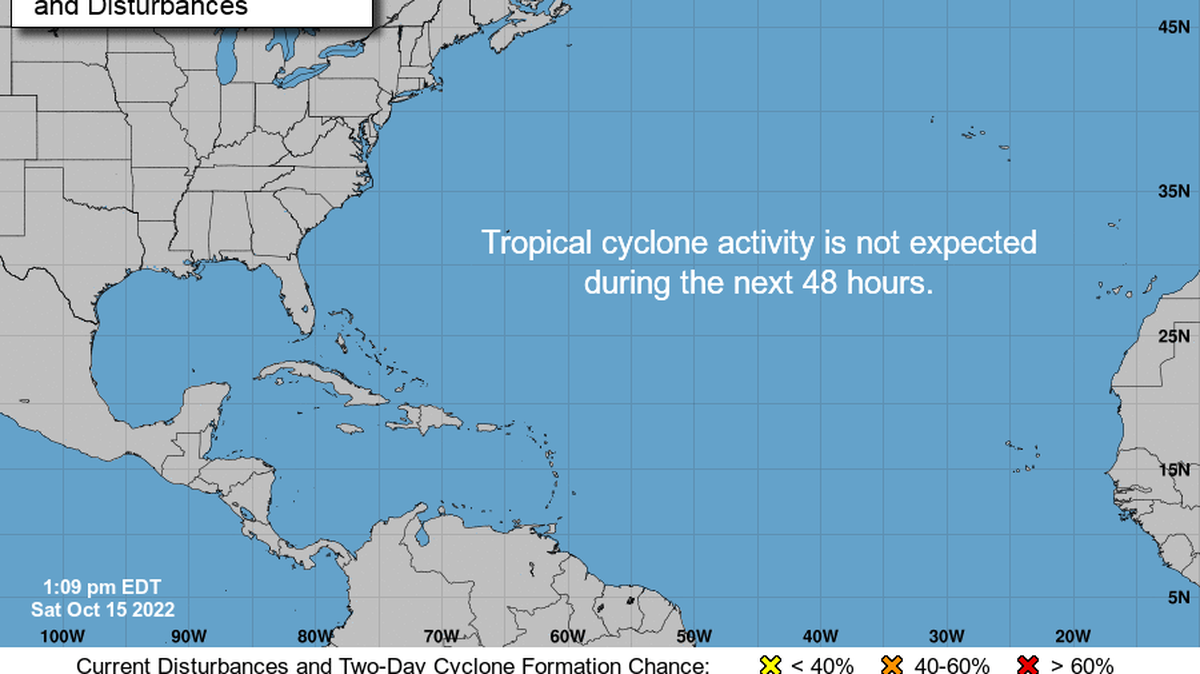National Hurricane Center’s tropics map at 1 p.m. Saturday, Oct. 15, 2022, shows no activity in the Atlantic.