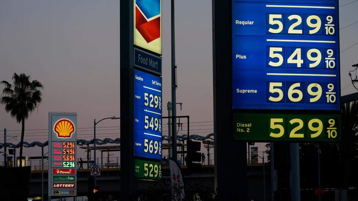 Gas prices are advertised at over $5 a gallon Monday, Feb. 28, 2022, in Los Angeles.