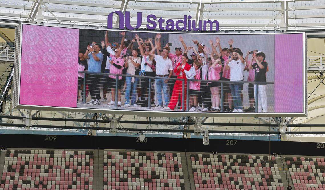 Inter Miami CF fans react after seeing themselves on the jumbotron at Nu Stadium at Miami Freedom Park during the team’s practice Thursday, April 2, 2026, in Miami.