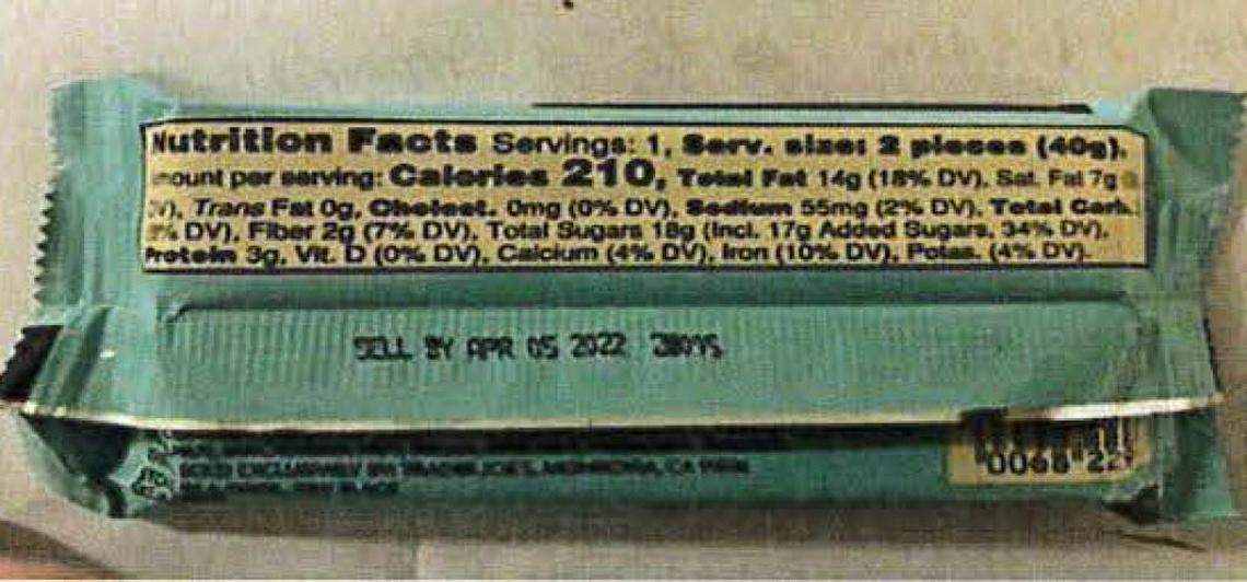 The rear of the Trader Joe’s Dark Chocolate Almond Butter Cups, where you find the sell by date and lot code.