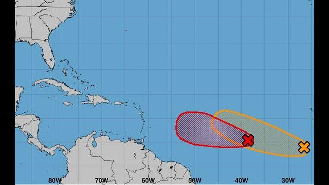 Two systems in the Atlantic. The Hurricane Center puts the storm chances of one at 100%