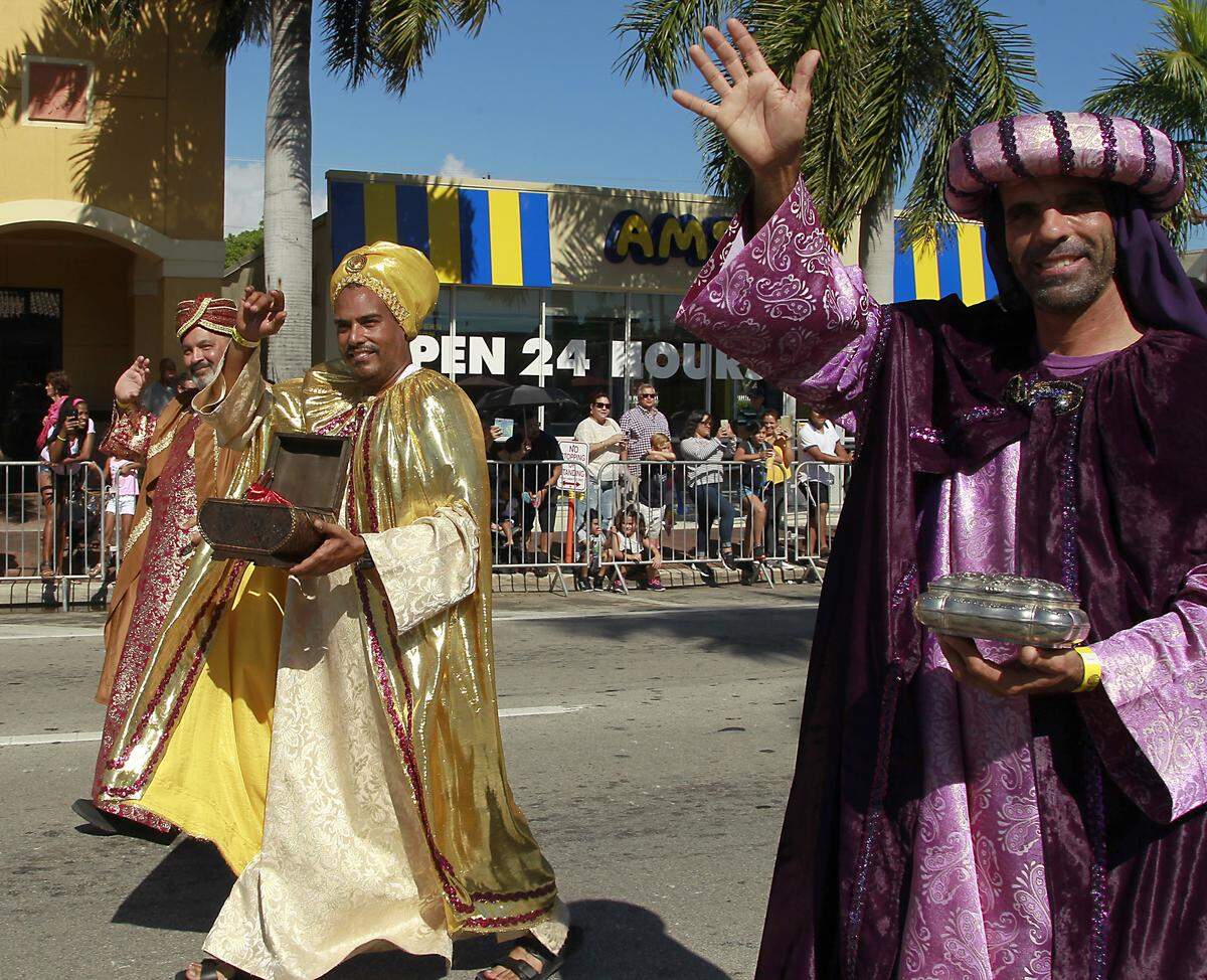 On Sunday, January 13, 2019 the “Tres Reyes” or the “Three Kings” wave while parading down SW 8th Street as Miami celebrates the arrival of the three wise men, or magi and formally marking the end of the Christmas season. 