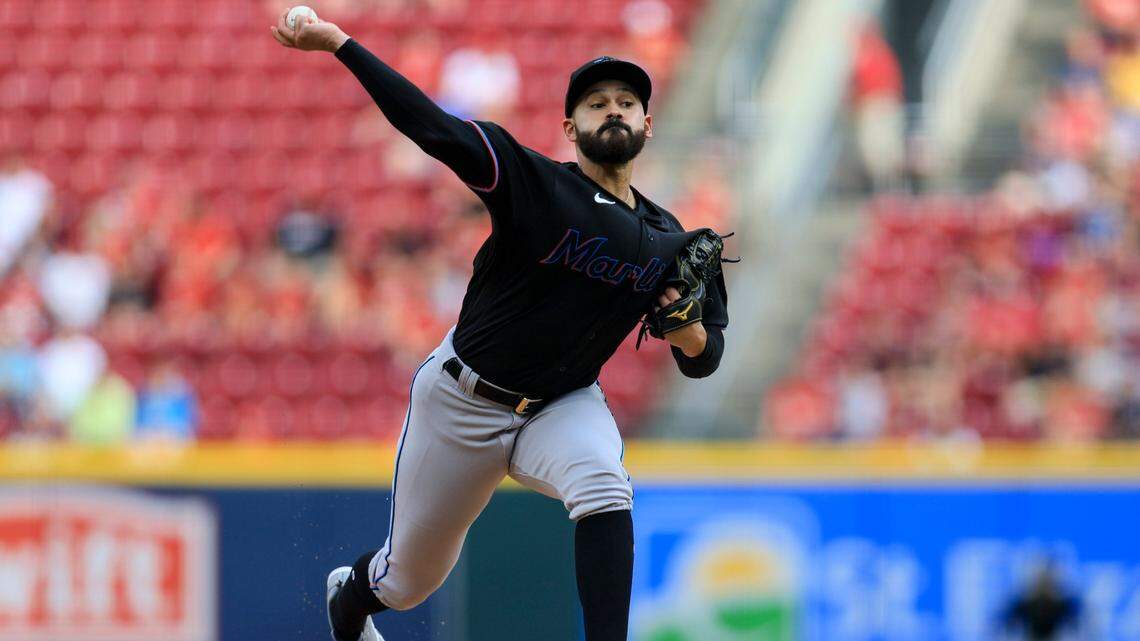 Miami Marlins’ Pablo Lopez throws during the first inning of a baseball game against the Cincinnati Reds in Cincinnati, Tuesday, July 26, 2022. (AP Photo/Aaron Doster)