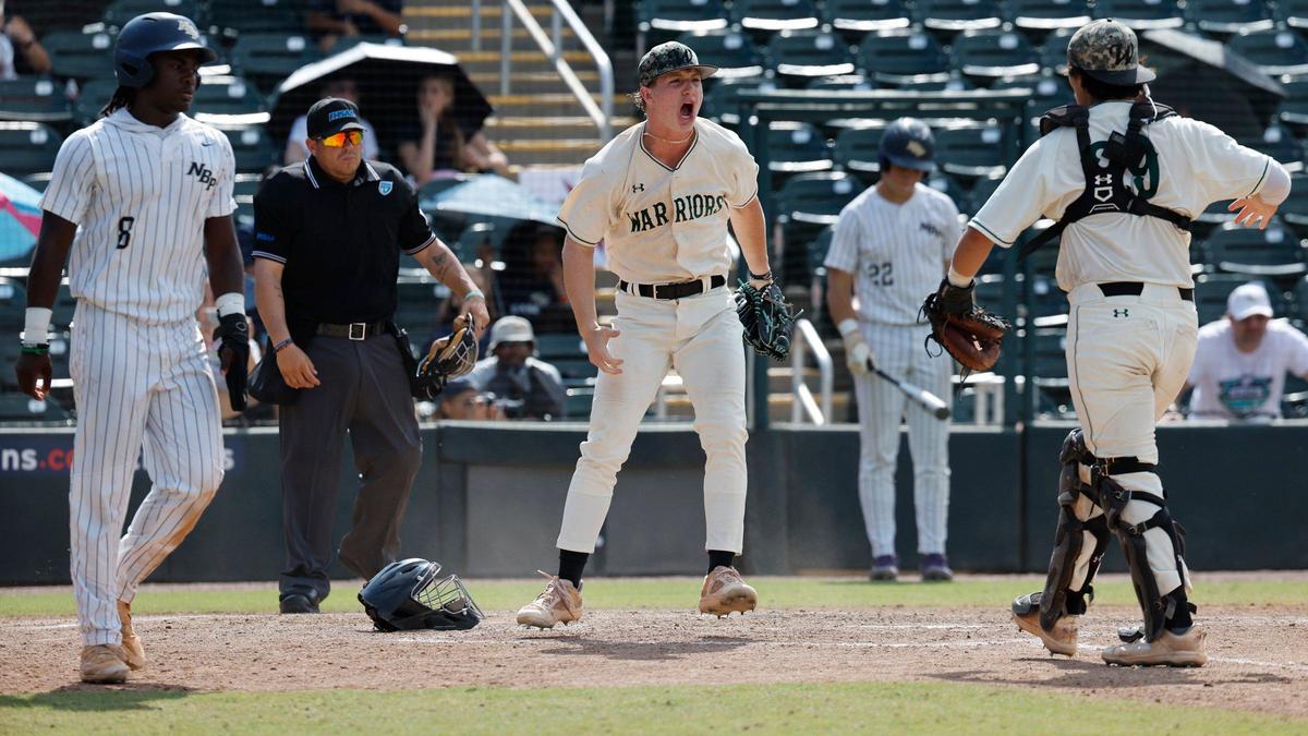 Westminster Christian School Warriors Austin Wiegandt and catcher Bryan Borges react after North Broward Prep Eagles Anthony Mestre is tagged out at home plate during the FHSAA Baseball Class 3A State Final at Hammond Stadium in Fort Myers, Florida on Wednesday, May 22, 2024.
