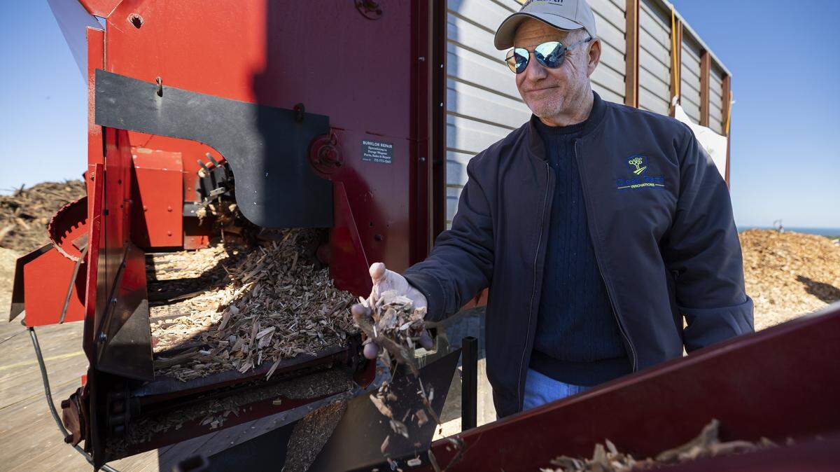 Clean Earth Innovations CEO Harold Gubnitsky leads wood chips into a conveyor belt to be turned into biochar during the launch of the company's pilot program at the South Dade Landfill on Friday, Feb. 6, 2025, in Homestead, Fla.