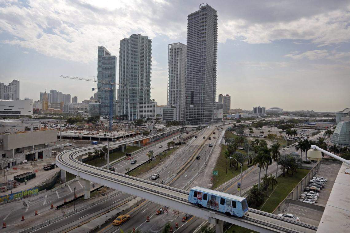 The Metromover passes over the I-395 just west of the MacArthur Causeway, Wednesday, Feb. 27, 2013.