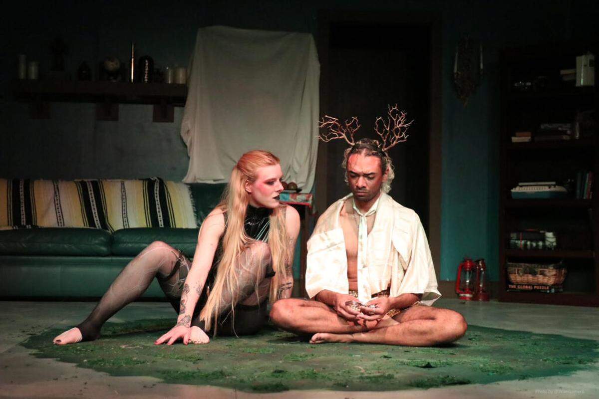Richard Lewis as the Stag ponders questions his existence as Mothman listens in Riley Elton McCarthy’s “Ragweeds,” getting its world premiere at LakehouseRanchDotPNG.