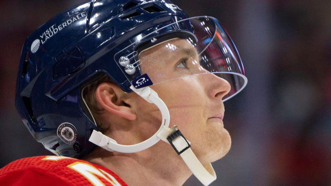 Florida Panthers defenseman Gustav Forsling (42) looks up to the score board during the first period of a hockey game against the Philadelphia Flyers on Tuesday, Feb. 6, 2024, at Amerant Bank Arena in Sunrise, Fla.