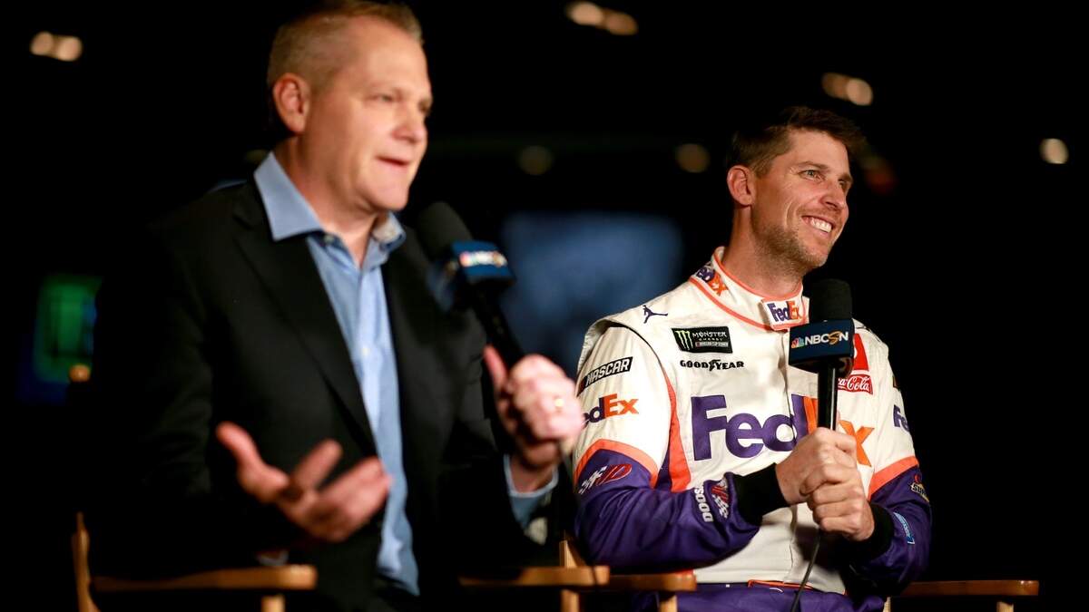 Denny Hamlin, driver of the No. 11 FedEx Express Toyota, speaks with members of the media during the NASCAR 2019 Championship 4 Media Day at the Edition Hotel on November 14, 2019 in Miami, Florida. (Photo by Sean Gardner/Getty Images).