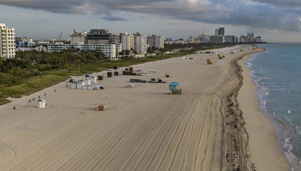 The beach is empty in Miami Beach in late March after coronavirus pandemic stay-at-home orders took effect and public gathering places were closed.