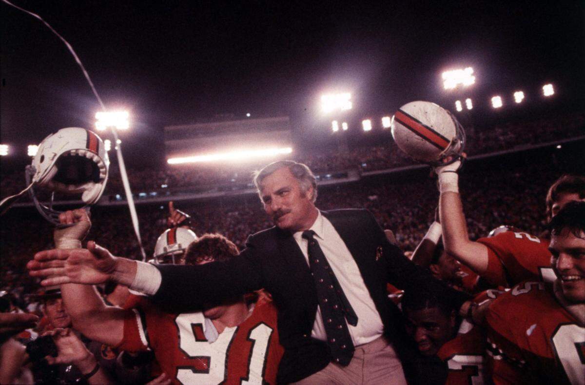 Coach Howard Schnellenberger after University of Miami's victory over Nebraska in the 1984 Orange Bowl Classic. The 31-30 victory gave Miami the 1983 season national title most thought Nebraska would win.
