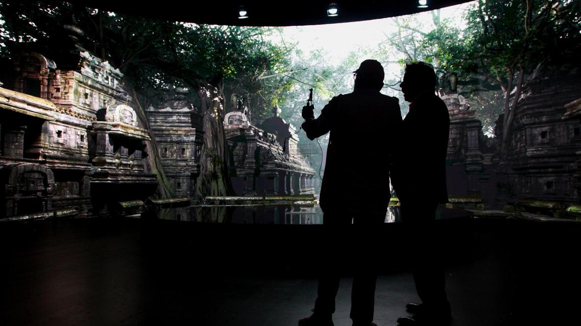 PRODU Owner Richard Izarra (left) interviews A&E Senior VP of Marketing Cesar Sabroso (right) during the unveiling of the Virtual Production LED Wall that is a the result of a collaboration between GRUP MEDIAPRO and BrandStar Studios on Tuesday, June 20, 2023 at the Mediapro studio in Medley, FL.
