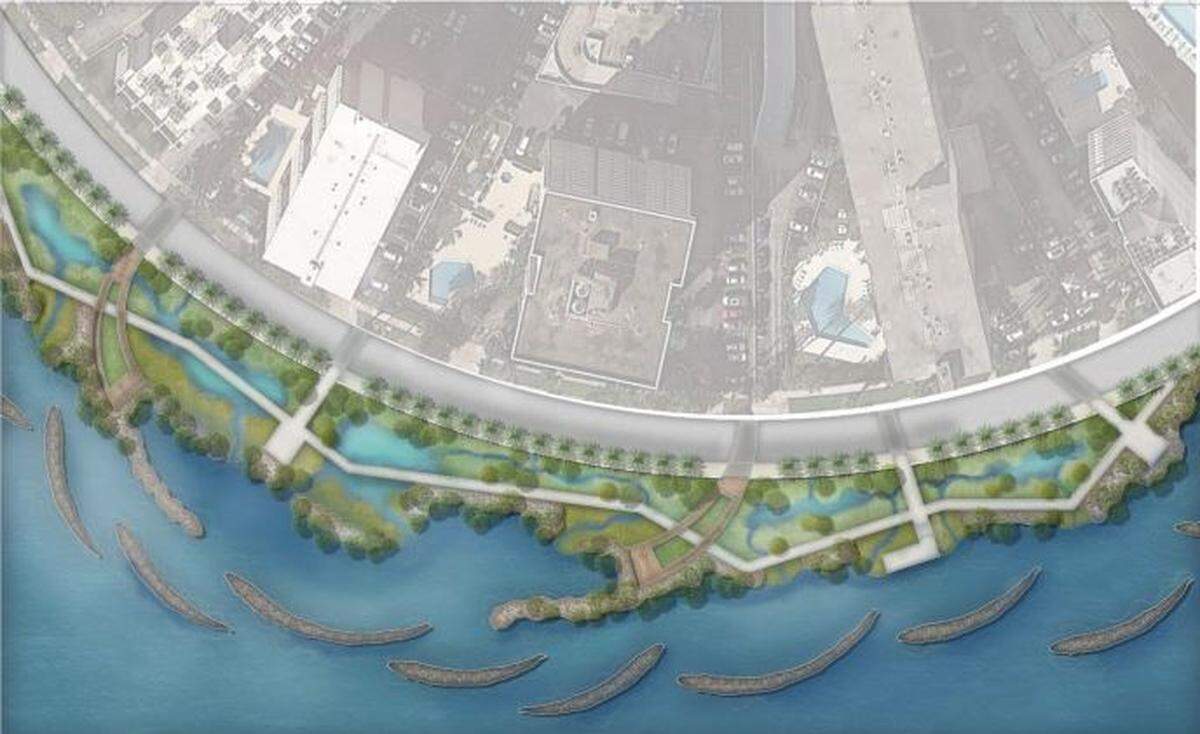 This rendering shows a potential hybrid strategy for protecting coastal Miami-Dade from storm surge, including an earthen berm along the coast and oyster reefs beyond that.