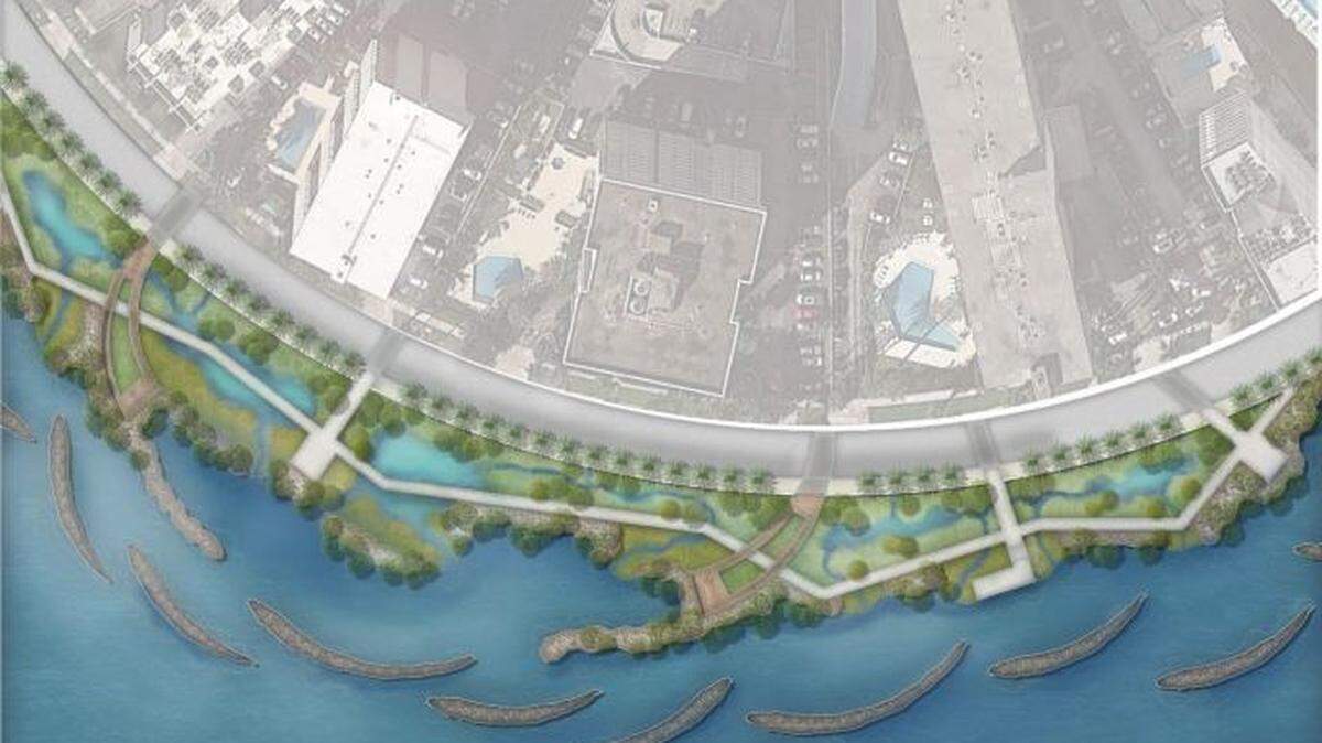 This rendering shows a potential hybrid strategy for protecting coastal Miami-Dade from storm surge, including an earthen berm along the coast and oyster reefs beyond that.