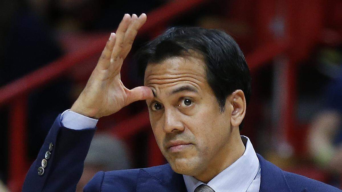 Miami Heat head coach Erik Spoelstra reacts as the Heat trail in the fourth quarter as the Miami Heat host the Indiana Pacers at AmericanAirlines Arena in Miami on Saturday, February 2, 2019