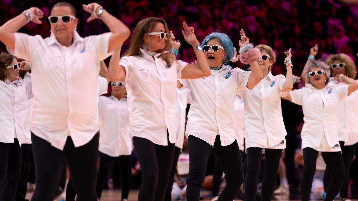 The Miami Heat Golden Oldies perform during the second half of the Heat’s game against the Milwaukee Bucks at the Kaseya Center in Miami on Saturday, April 5, 2025.