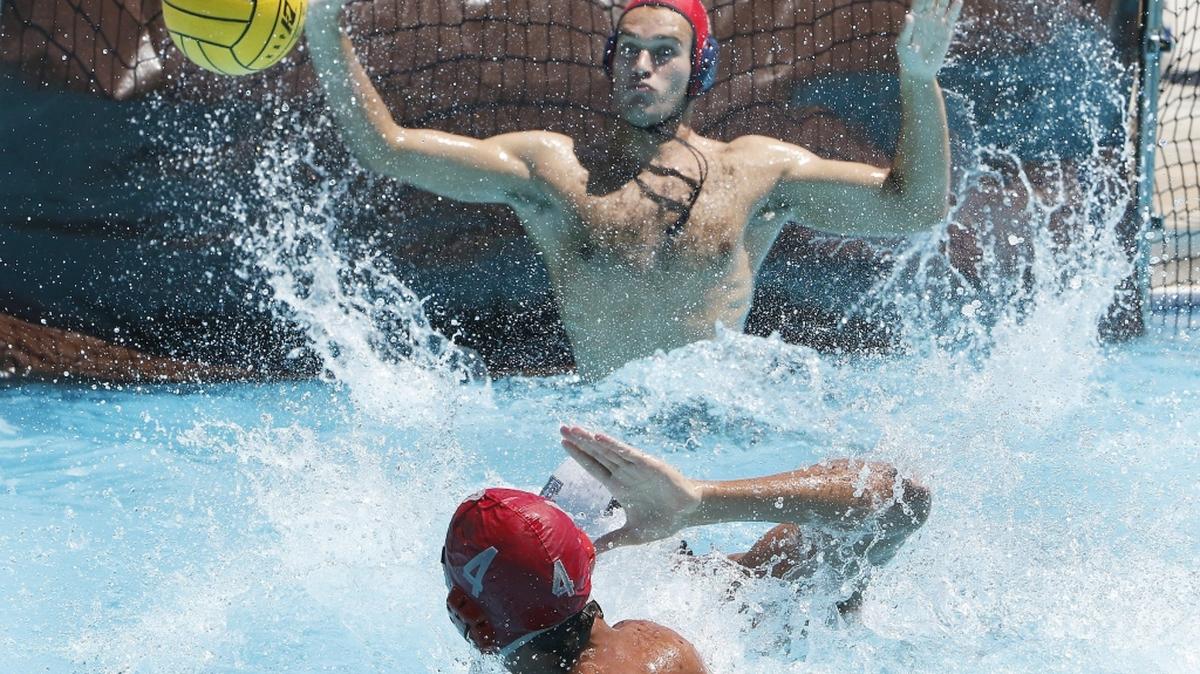 Ransom Everglades's goalie Matias Vallejo (1) tries to stop the ball during The 2018 Florida High School Boys Water Polo Regional final game agains Miami Beach on Saturday, Apr. 28, 2018 at Miami-Dade North Campus Aquatic Center.