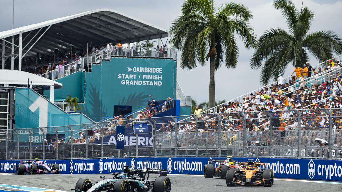 Mercedes’ Kimi Antonelli of Italy leads McLaren’s Lando Norris during the Formula 1 Crypto.com Miami Grand Prix. Antonelli would beat Norris for his third consecutive win from pole. Sunday, May 3, 2026, in Miami Gardens, Fla.