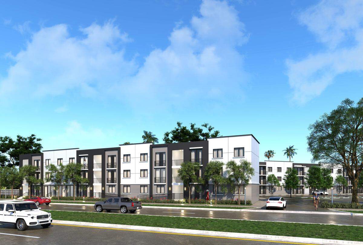 An architectural rendering shows a street view of the planned 112-unit Beacon Hill at Princeton workforce housing development, the first in Miami-Dade County conceived and designed to take advantage of Florida’s Live Local Act to break ground.