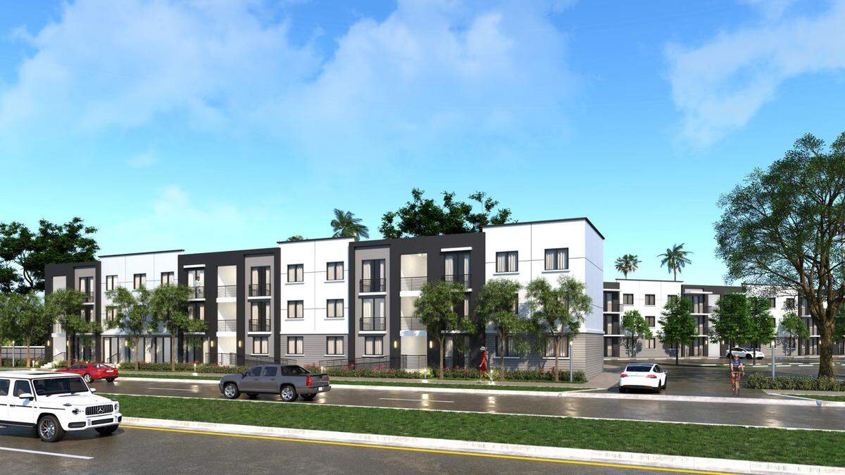 An architectural rendering shows a street view of the planned 112-unit Beacon Hill at Princeton workforce housing development, the first in Miami-Dade County conceived and designed to take advantage of Florida’s Live Local Act to break ground.