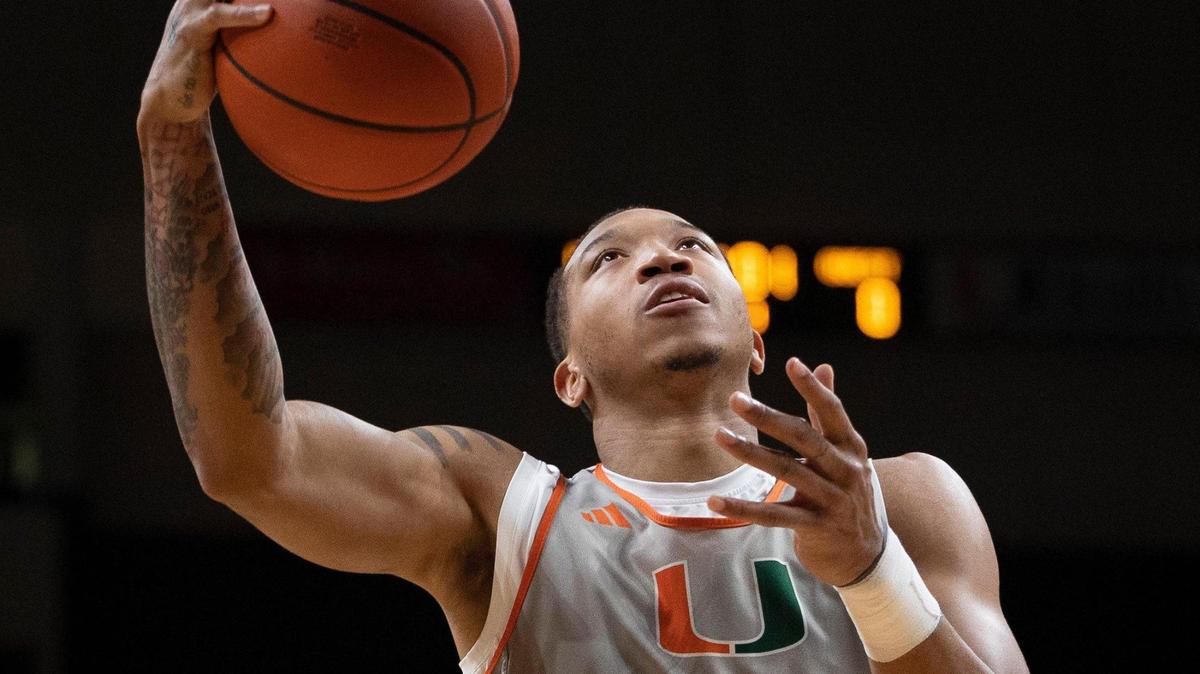 Matthew Cleveland (0) shoots a layup during practice on Monday, Oct. 23, 2023, at the practice facility at Watsco Center in Coral Gables.