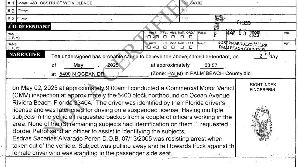 The Florida Highway Patrol arrest report does not mention Kenny Laynez Ambrocio by name or describe his actions during the May 2 incident.