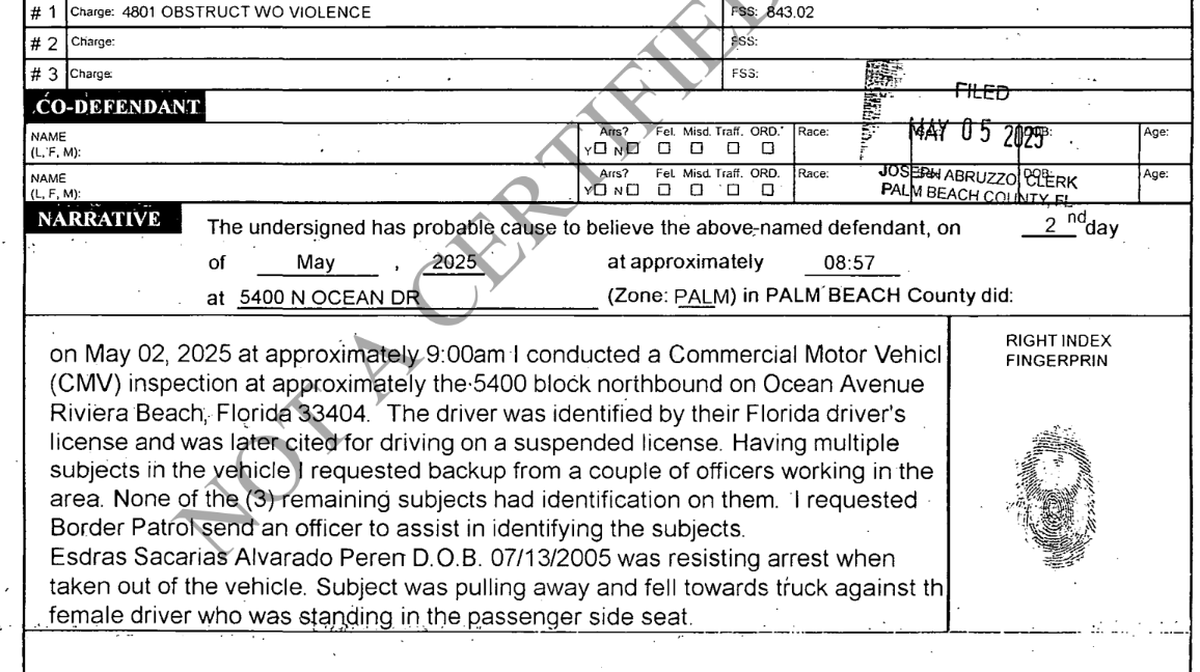 El informe de detención de la Patrulla de Carreteras de Florida no menciona a Kenny Laynez Ambrocio por su nombre ni describe sus acciones durante el incidente del 2 de mayo.