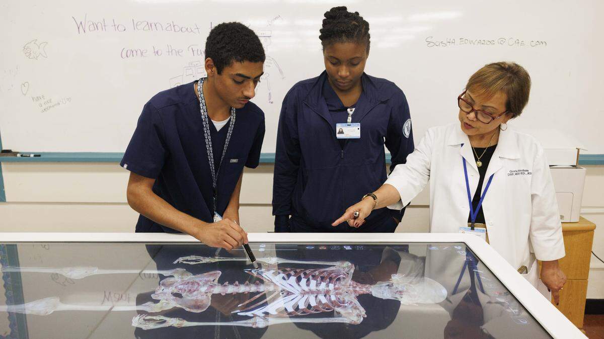 Students in the Licensed Practical Nurse program learn from instructor Gloria Mendoza in class during the day on Tuesday, Oct. 21, 2025, at Lindsey Hopkins Technical College in downtown Miami.