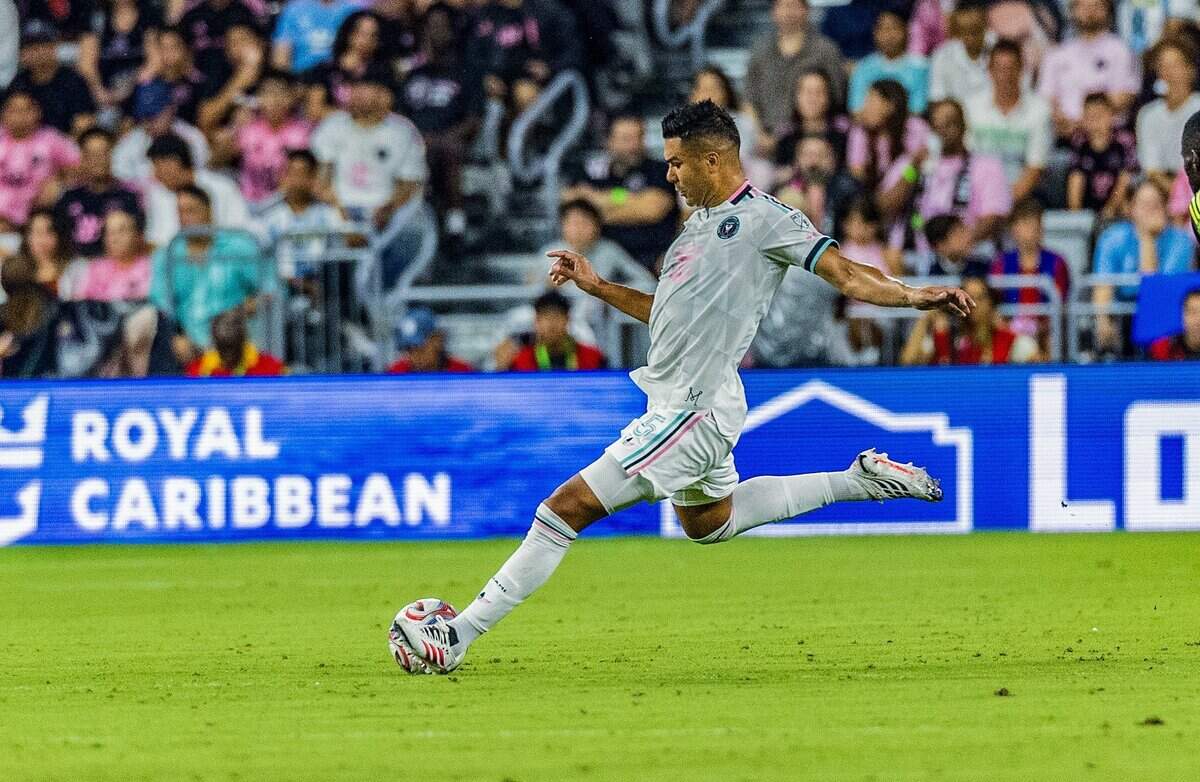 Inter Miami midfielder Casemiro (5) kicks the ball during the first half of his MLS match against the Columbus Crew at Nu Stadium on Saturday, Aug. 1, 2026, in Miami, Fla.