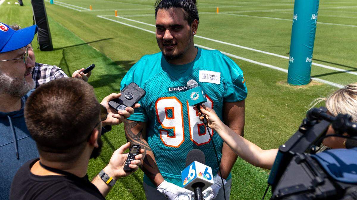 Undrafted defensive tackle Brandon Pili (96) speaks to the media during 2023 Miami Dolphins Rookie Minicamp at Baptist Health Training Complex in Miami Gardens, Florida, on Friday, May 12, 2023.