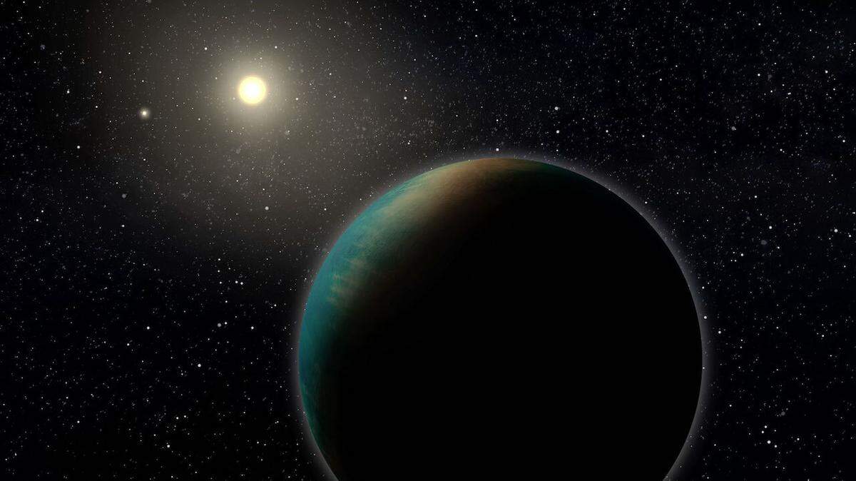 This is an artist’s rendering of a recently discovered “super-Earth-type exoplanet” that scientists believe might be a world covered with water.