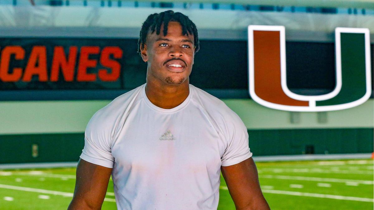 Miami Hurricanes defensive end Mitchell Agude (45) waits to speak with reporters after practice at the University of Miami in Coral Gables on Wednesday, August 24, 2022.