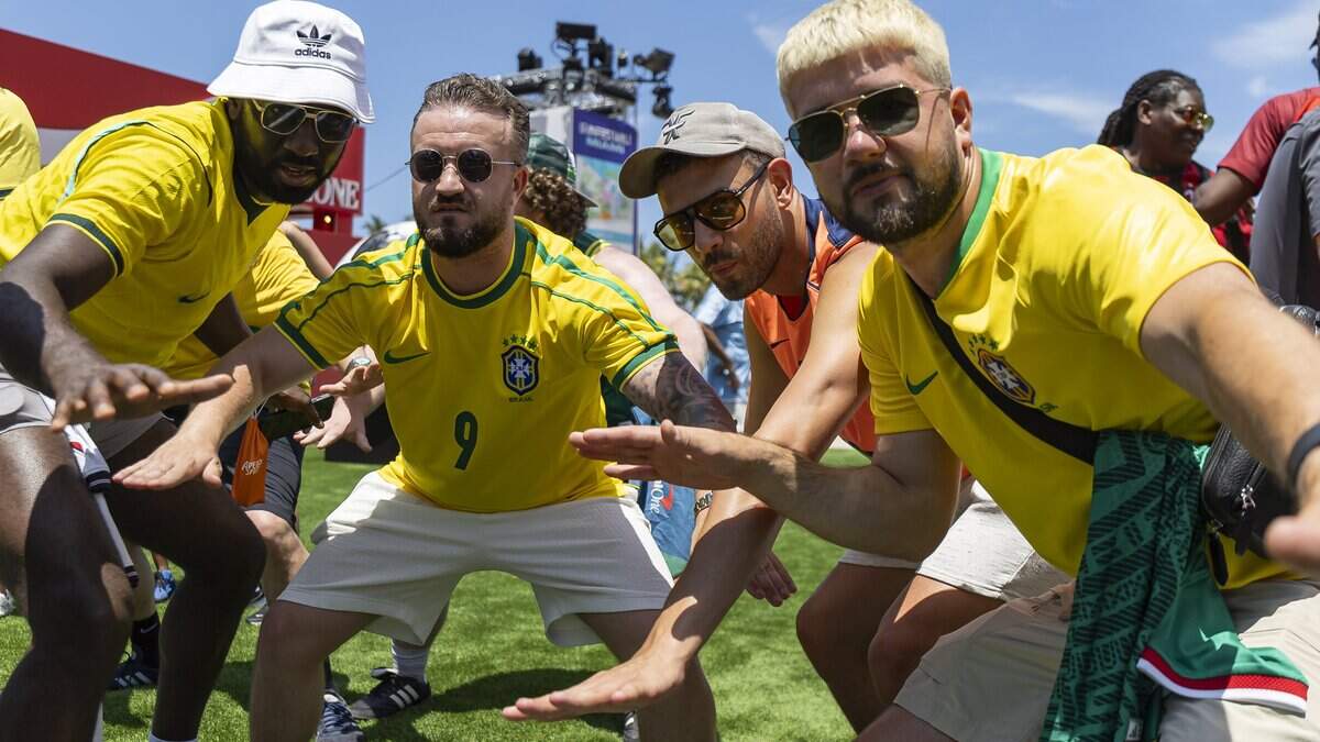 Moses Spencer, Lewis Gods, Harry Smart and Joe Pratley Jones visit the FIFA Fan Festival Miami at Bayfront Park on Saturday, June 13, 2026, in downtown Miami, Fla.