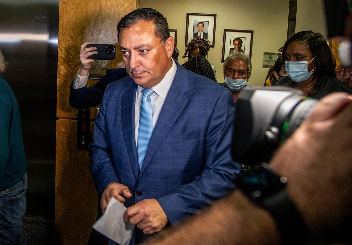 Former Police Chief Art Acevedo leaves the commission chambers at Miami City Hall after commissioners voted to fire him on Thursday, Oct. 14, 2021.