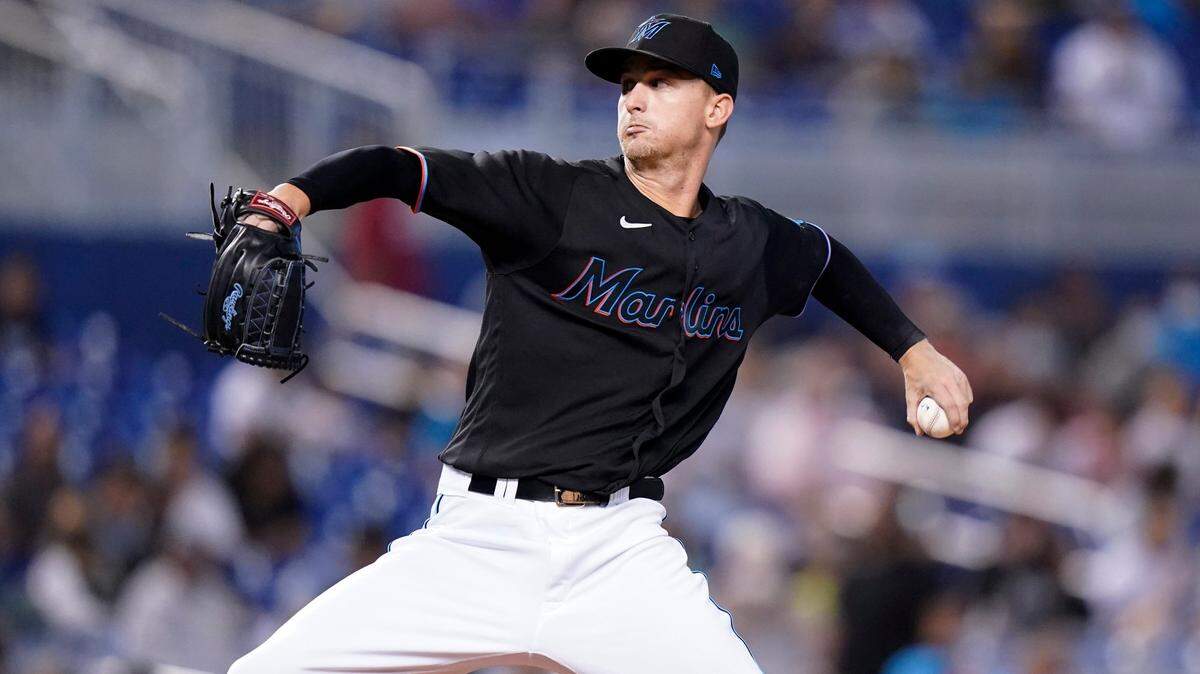 Miami Marlins starting pitcher Braxton Garrett throws during the first inning of a baseball game against the San Diego Padres, Saturday, July 24, 2021, in Miami. (AP Photo/Lynne Sladky)
