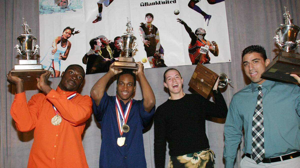 A group of future college and pro talent headlined the 2004 All-Dade Athletes of the Year contingent at the Miami Herald’s Athletic Awards Breakfast. From left to right: Ricky Jean-Francois, a future NFL defensive standout and Carol City alum, UM football standout Lovon Ponder of Monsignor Pace, Stanford softball standout Missy Penna, of Southwest, and Florida Gators’ defensive tackle Javier Estopian, of South Miami. WNBA star Sylvia Fowles, of Gulliver Prep (not pictured), also won that year.