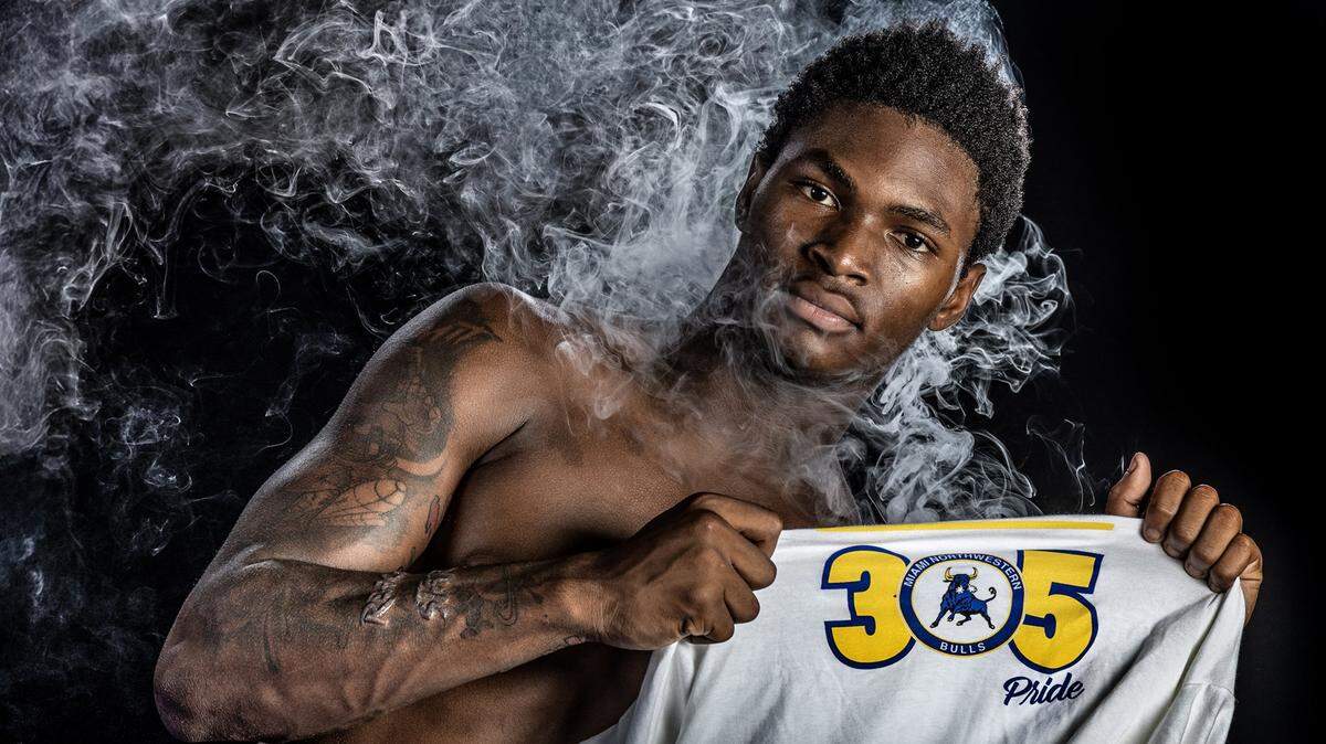 Miami Northwestern High School wide receiver Nicholas Lennear flashes the 305 during High School Football Media Day in Deerfield Beach, Florida on Saturday, August 2, 2025.