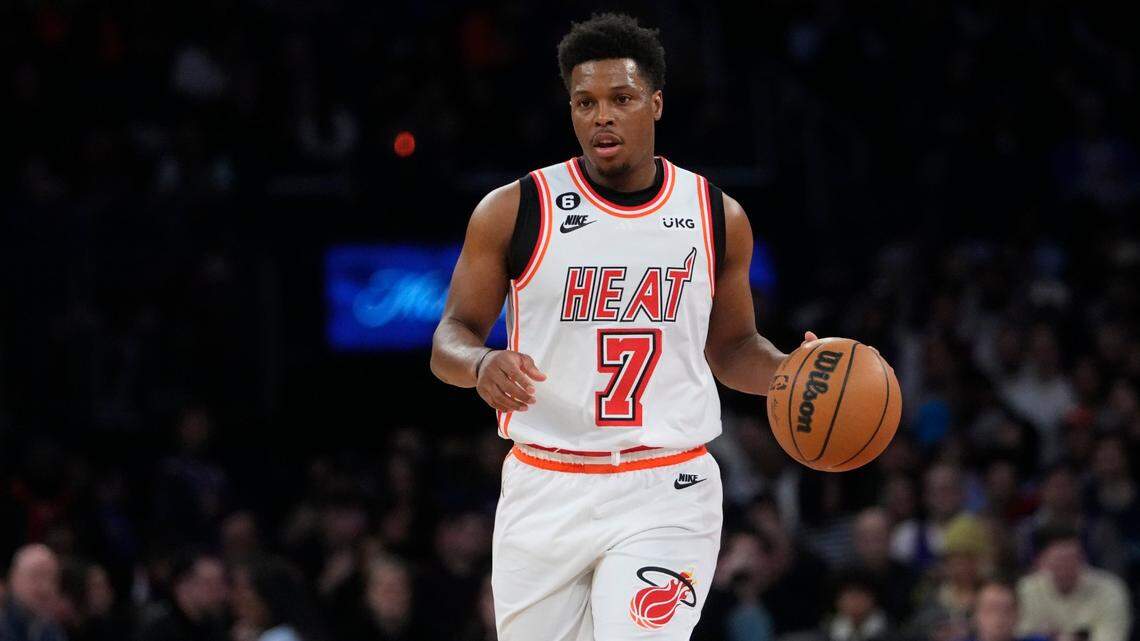 Miami Heat’s Kyle Lowry (7) during the first half of an NBA basketball game against the New York Knicks Thursday, Feb. 2, 2023, in New York.